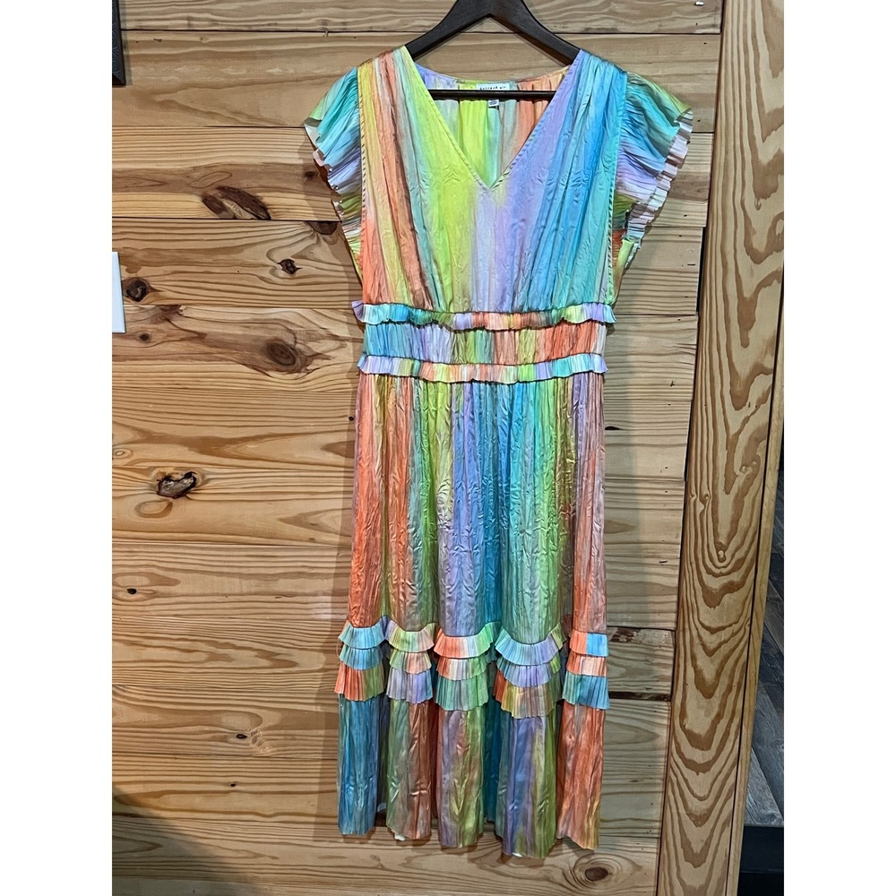 Anthropologie Current Air Sereia Dress Large Pleated Ruffle Midi Rainbow V-neck